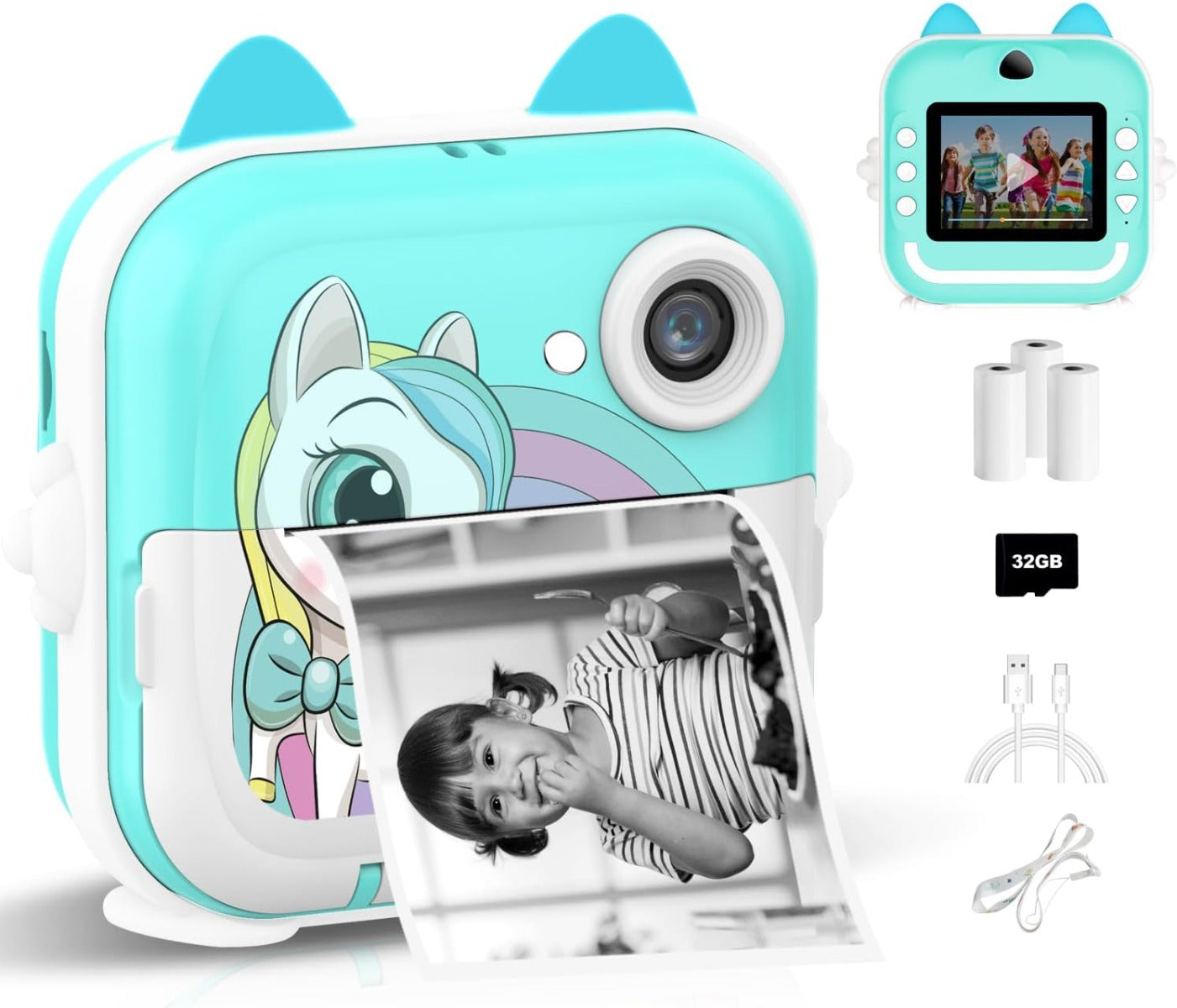 Fotocamera per bambini con stampa istantanea Macchina fotografica 32GB Celeste