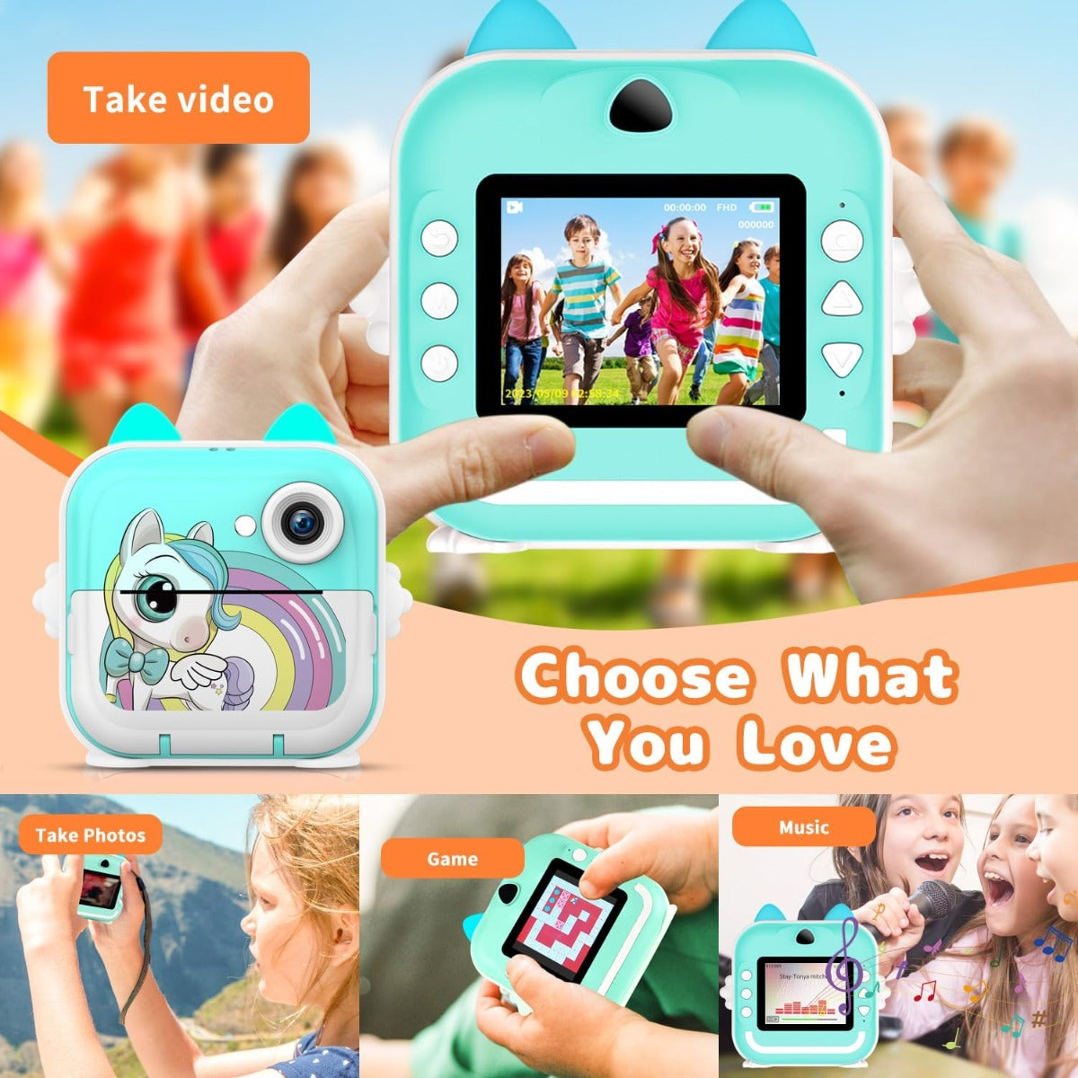 Fotocamera per bambini con stampa istantanea Macchina fotografica 32GB Celeste