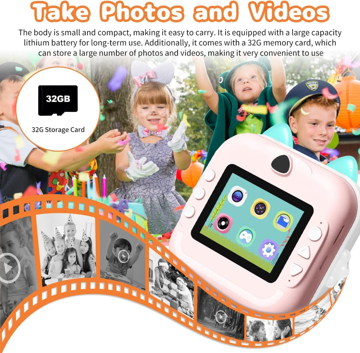 Fotocamera per bambini con stampa istantanea Macchina fotografica 32GB Rosa