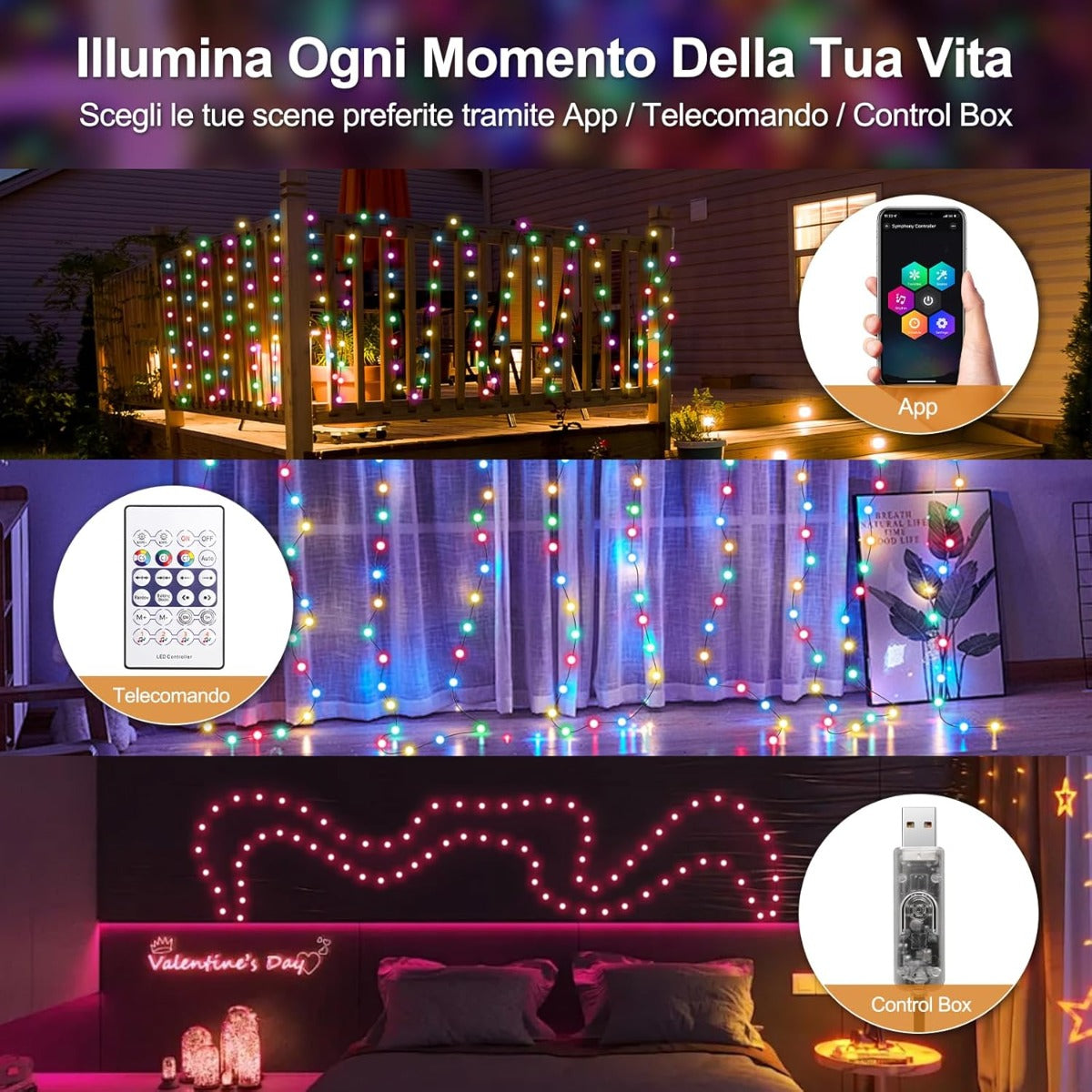 Luci LED RGB IC 7.5m 50 LED Impermeabili USB con App Telecomando Musica