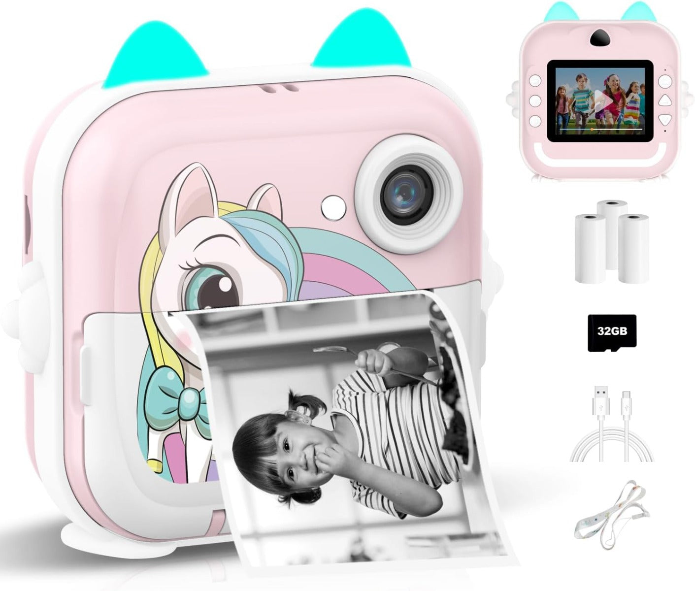 Fotocamera per bambini con stampa istantanea Macchina fotografica 32GB Rosa