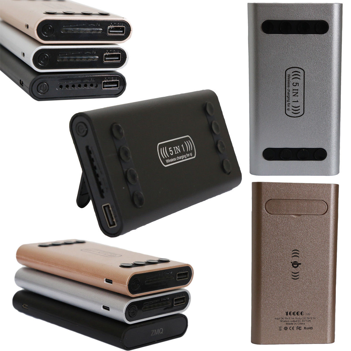 Power Bank 5 in 1 caricatore Wireless senza fili Qi led 10000mAh batteria