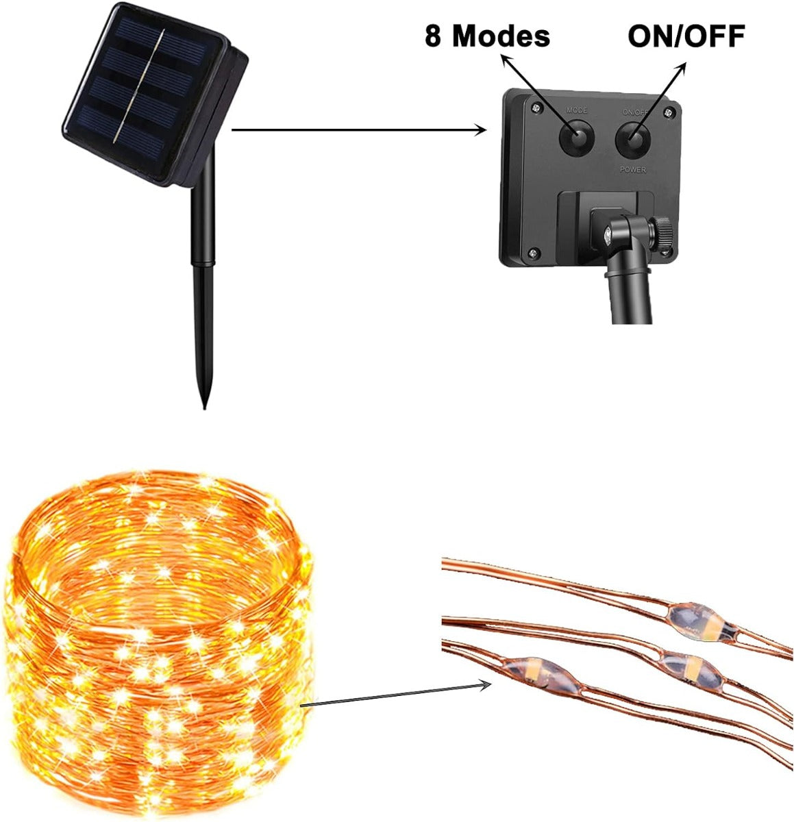 Catena luminosa per esterno da giardino con pannello solare 10 metri 100 led luce calda