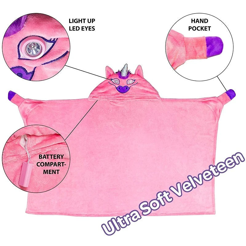 Coperta per bambini Cartoon Unicorno Occhi luminosi LED Mantello con cappuccio-Rosa